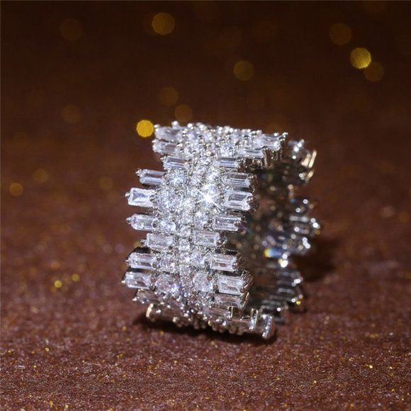 18K WHITE GOLD-PLATED BAGUETTE AND ROUND DIAMOND RING - Picture 2 of 6